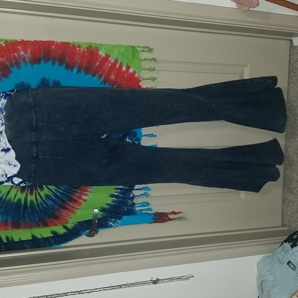 Earthbound Trading Co Flower Child Blue Flare Pants Sz S - Picture 7 of 8